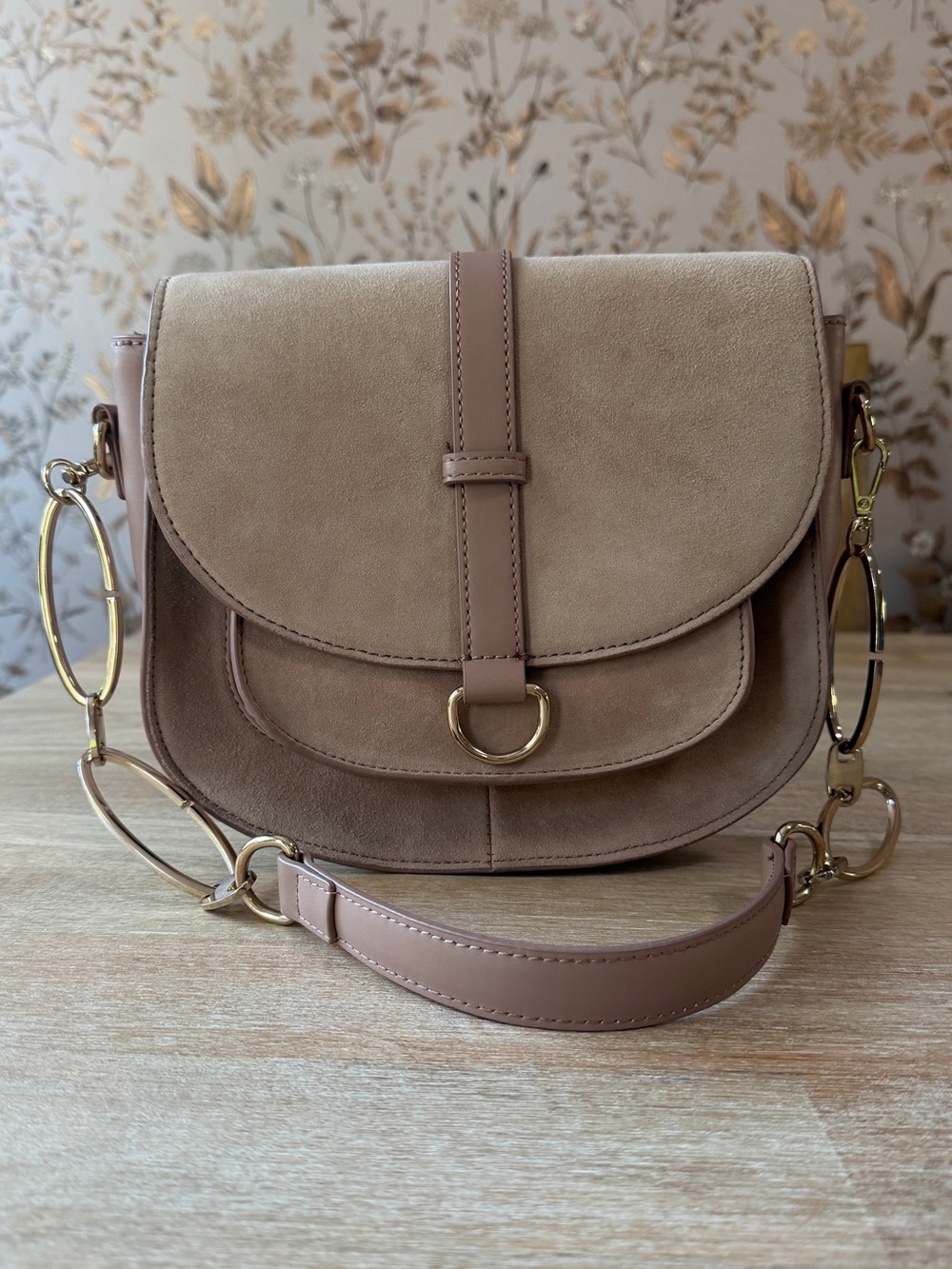 Suede Crossbody Saddle Bag in Taupe Zara